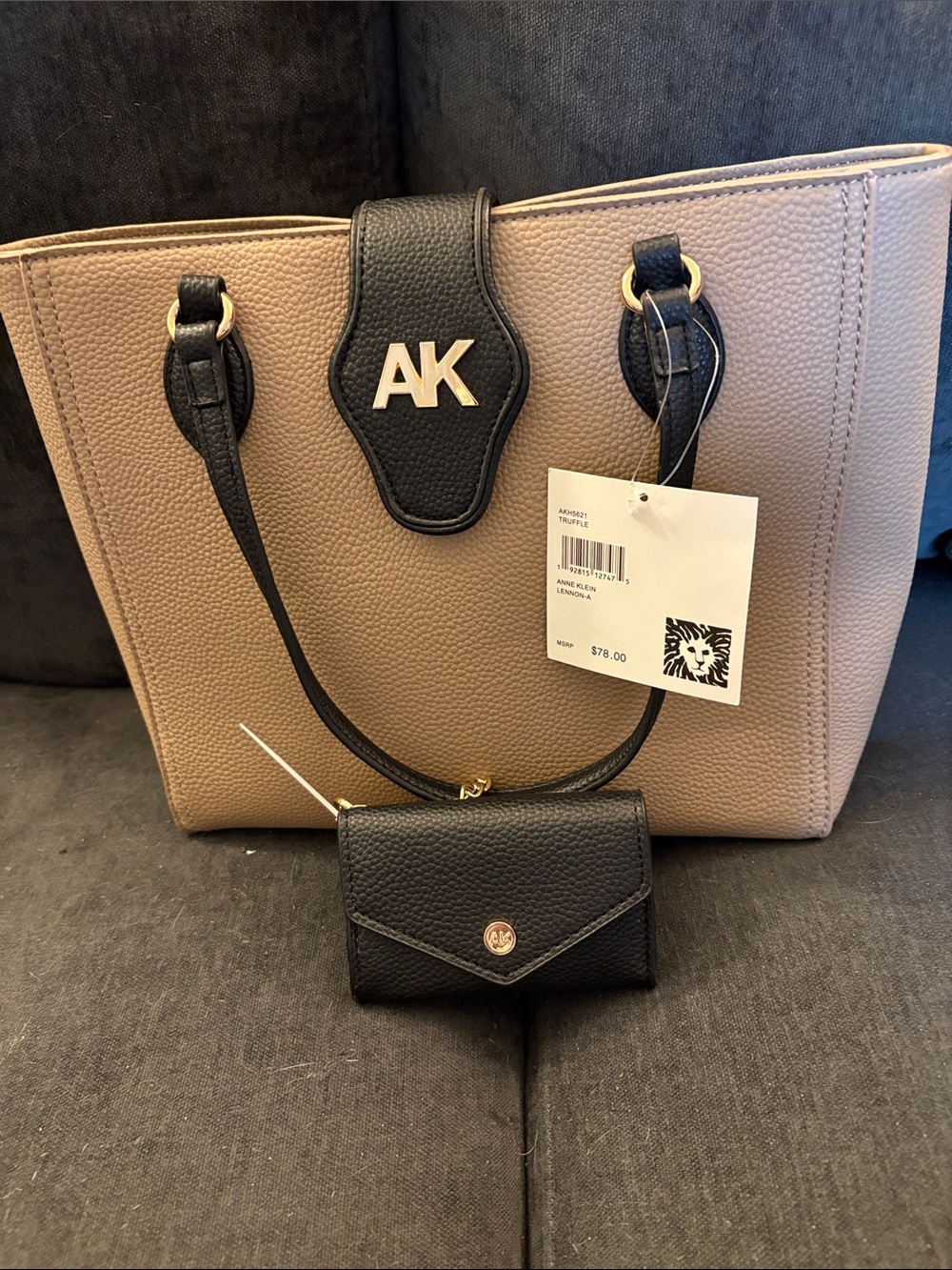Anne Klein Taupe and Black Pebbled Tote with Matching Black Wallet